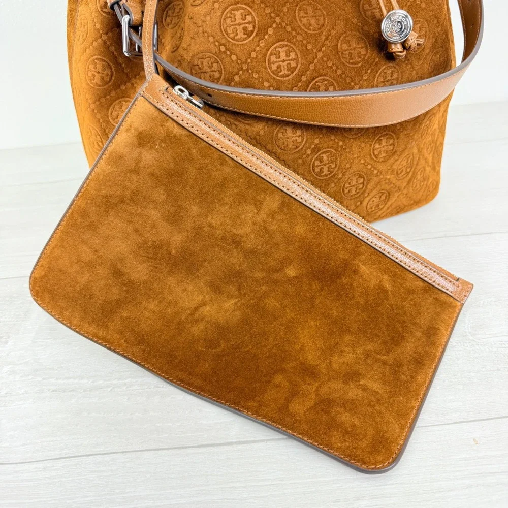 NWT Tory Burch T Monogram Suede Oversized Bucket Bag OS Chicory Brown Drawstring